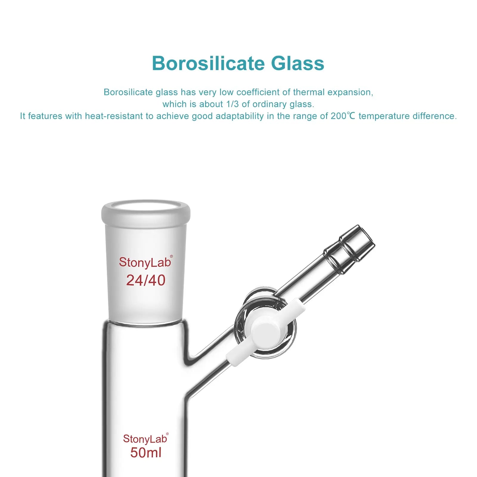Side view and dimensional layout of the durable StonyLab Reaction Tube with PTFE Stopcock