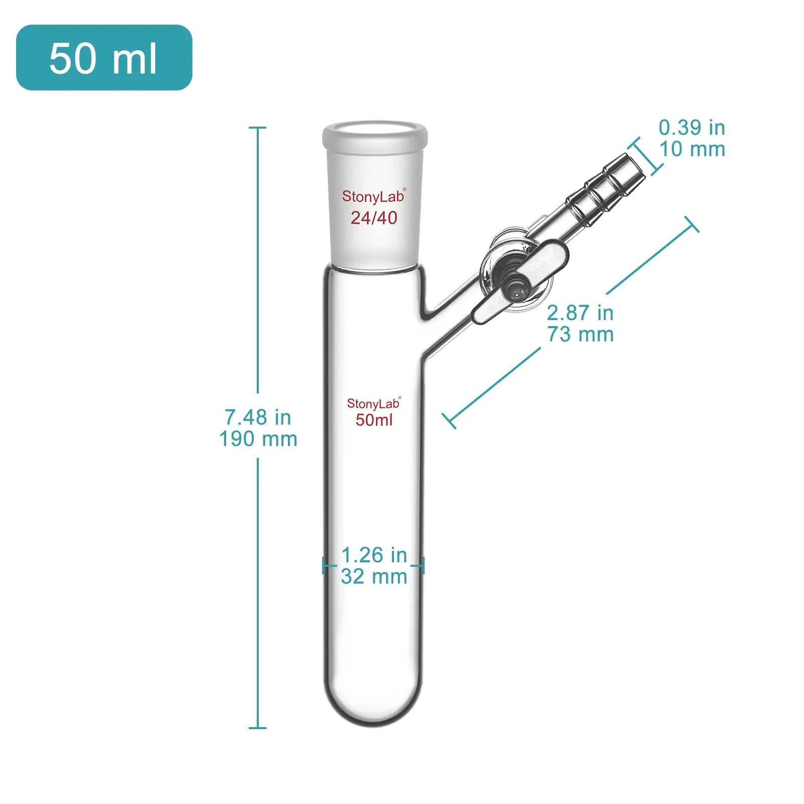 Close-up view showing the precise design and material of StonyLab Reaction Tube with Side Glass Stopcock