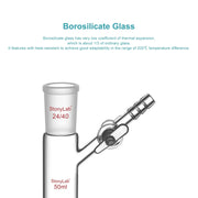 Side view and dimensional layout of the durable StonyLab Reaction Tube with Side Glass Stopcock