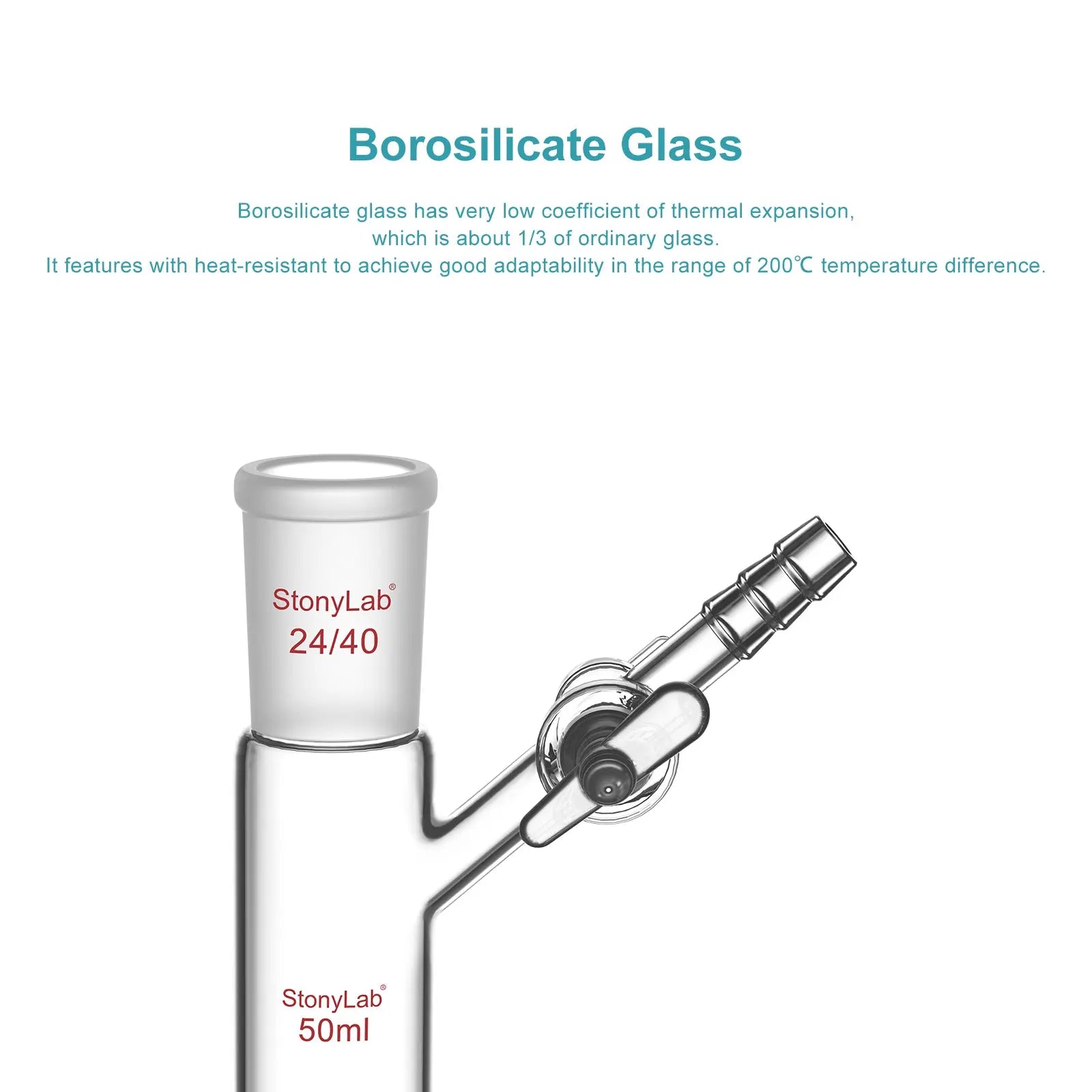 Side view and dimensional layout of the durable StonyLab Reaction Tube with Side Glass Stopcock