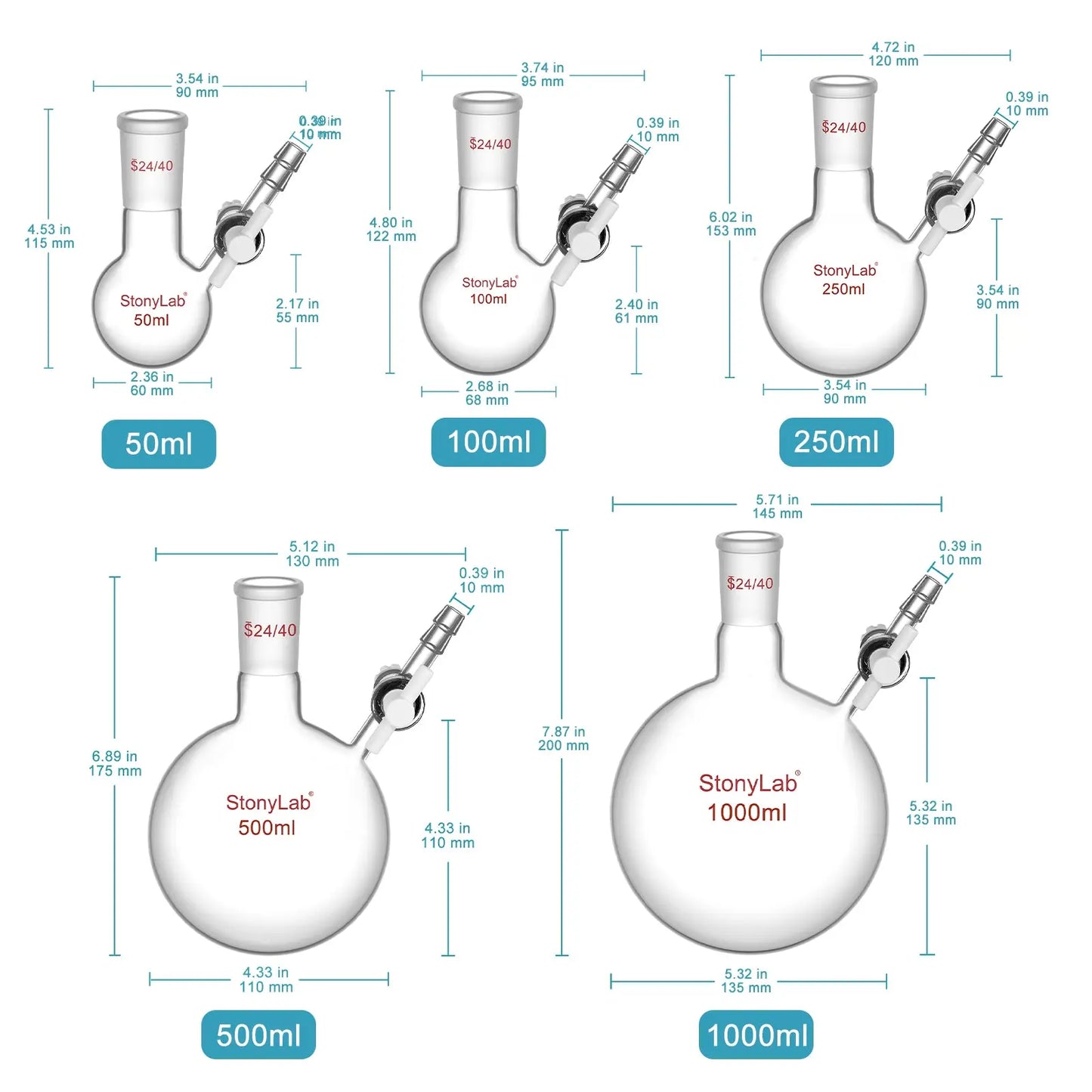 Round Bottom Reaction Flask, 24/40 Joint, PTFE Stopcock Valve, 50-1000 ml Flasks-Round Bottom-1 Neck