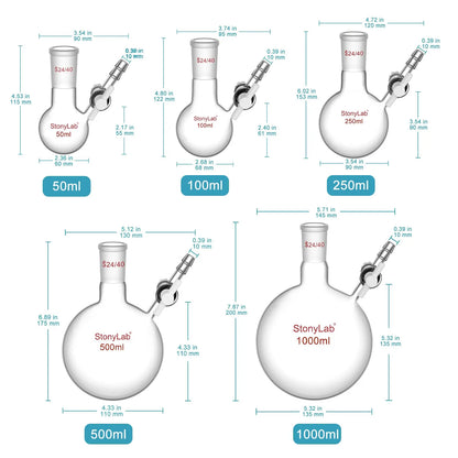 Round Bottom Reaction Flask, 24/40 Joint, PTFE Stopcock Valve, 50-1000 ml Flasks-Round Bottom-1 Neck