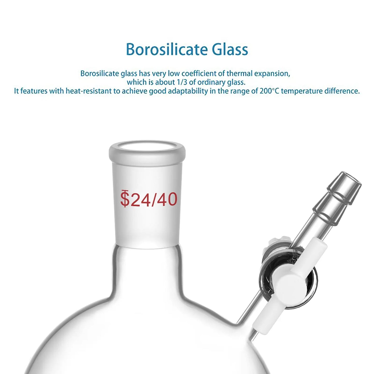 Round Bottom Reaction Flask, 24/40 Joint, PTFE Stopcock Valve, 50-1000 ml Flasks-Round Bottom-1 Neck