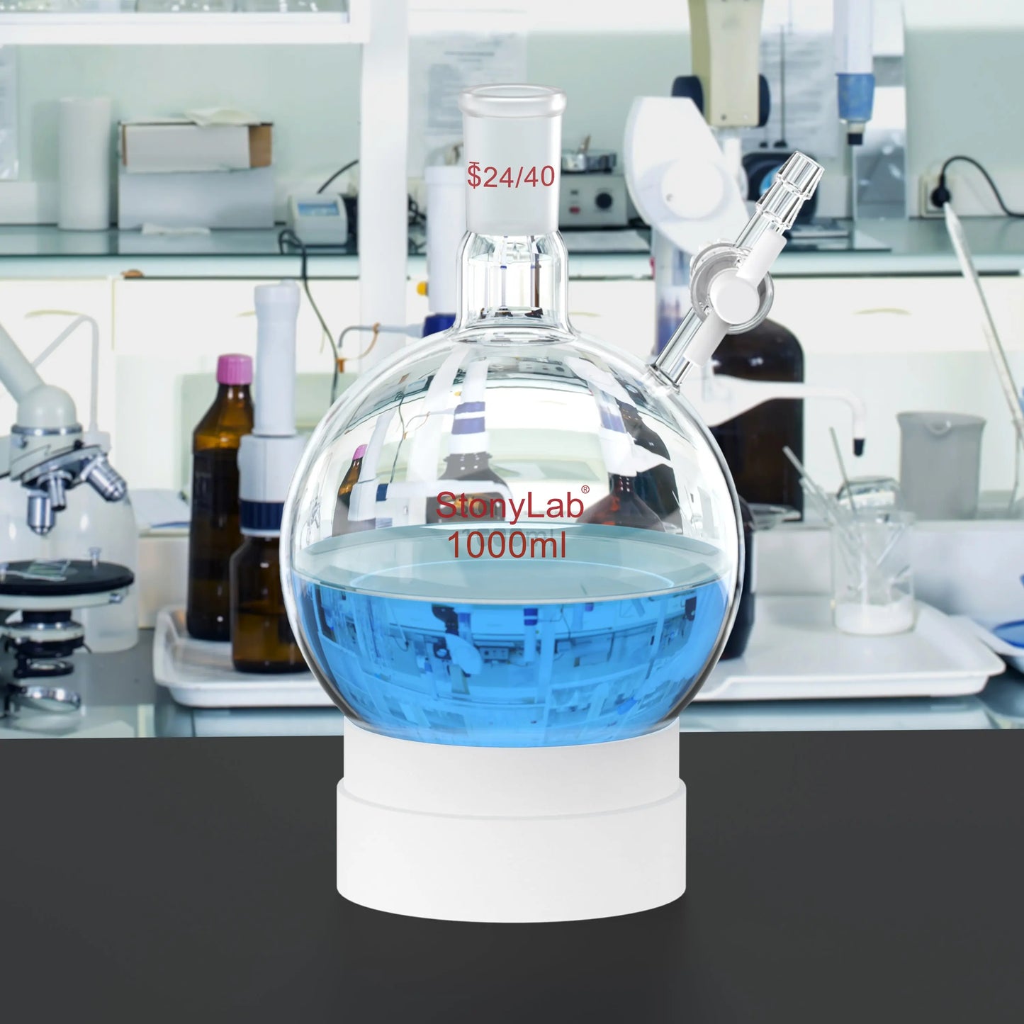 Round Bottom Reaction Flask, 24/40 Joint, PTFE Stopcock Valve, 50-1000 ml Flasks-Round Bottom-1 Neck
