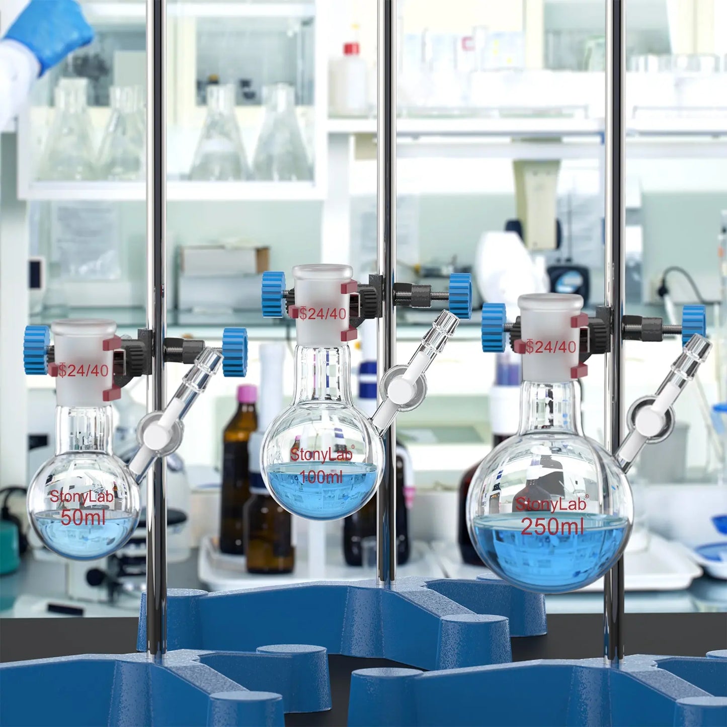 Round Bottom Reaction Flask, 24/40 Joint, PTFE Stopcock Valve, 50-1000 ml Flasks-Round Bottom-1 Neck