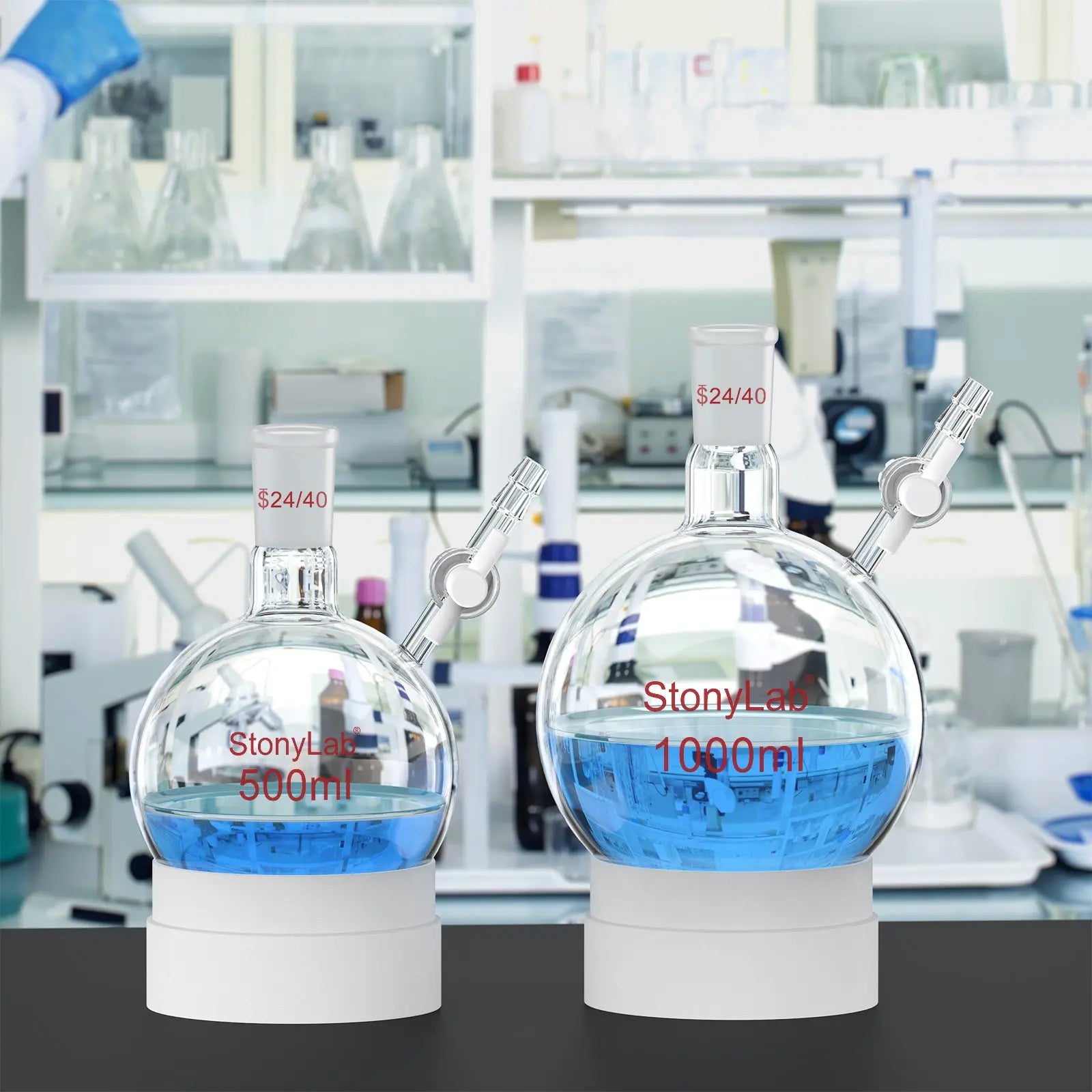 Comprehensive product view and setup components for StonyLab Round Bottom Reaction Flask