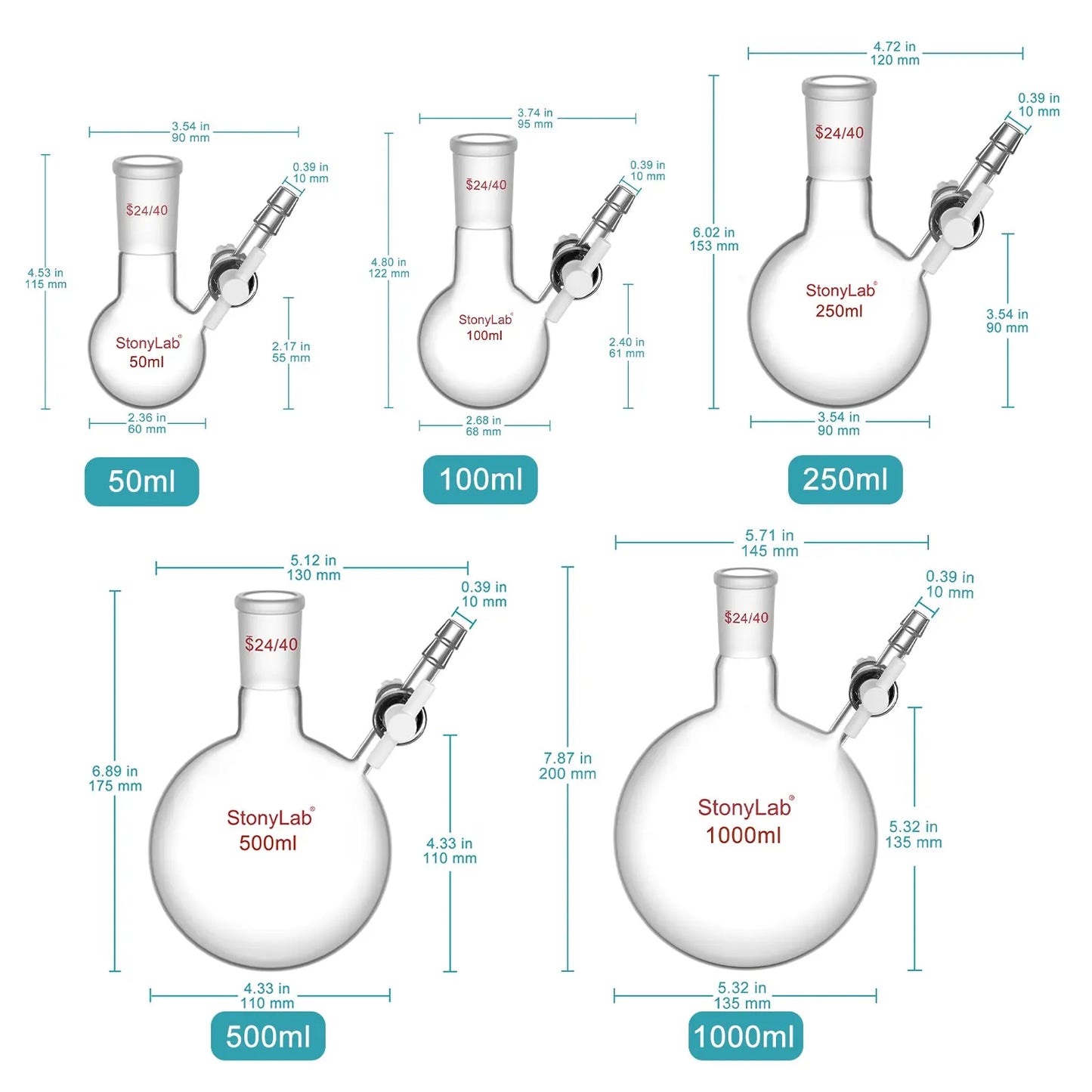 Round Bottom Reaction Flask, 24/40 Joint, PTFE Stopcock Valve, 50-1000ml Flasks-Round Bottom-1 Neck