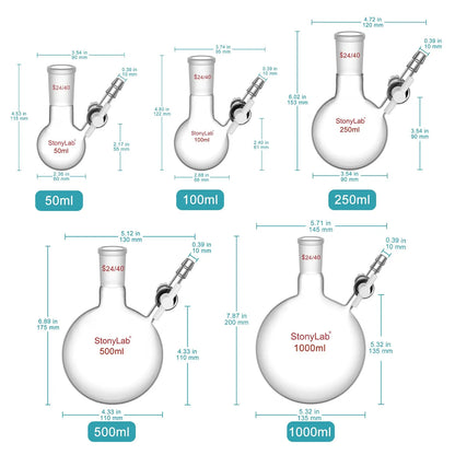 Round Bottom Reaction Flask, 24/40 Joint, PTFE Stopcock Valve, 50-1000ml Flasks-Round Bottom-1 Neck