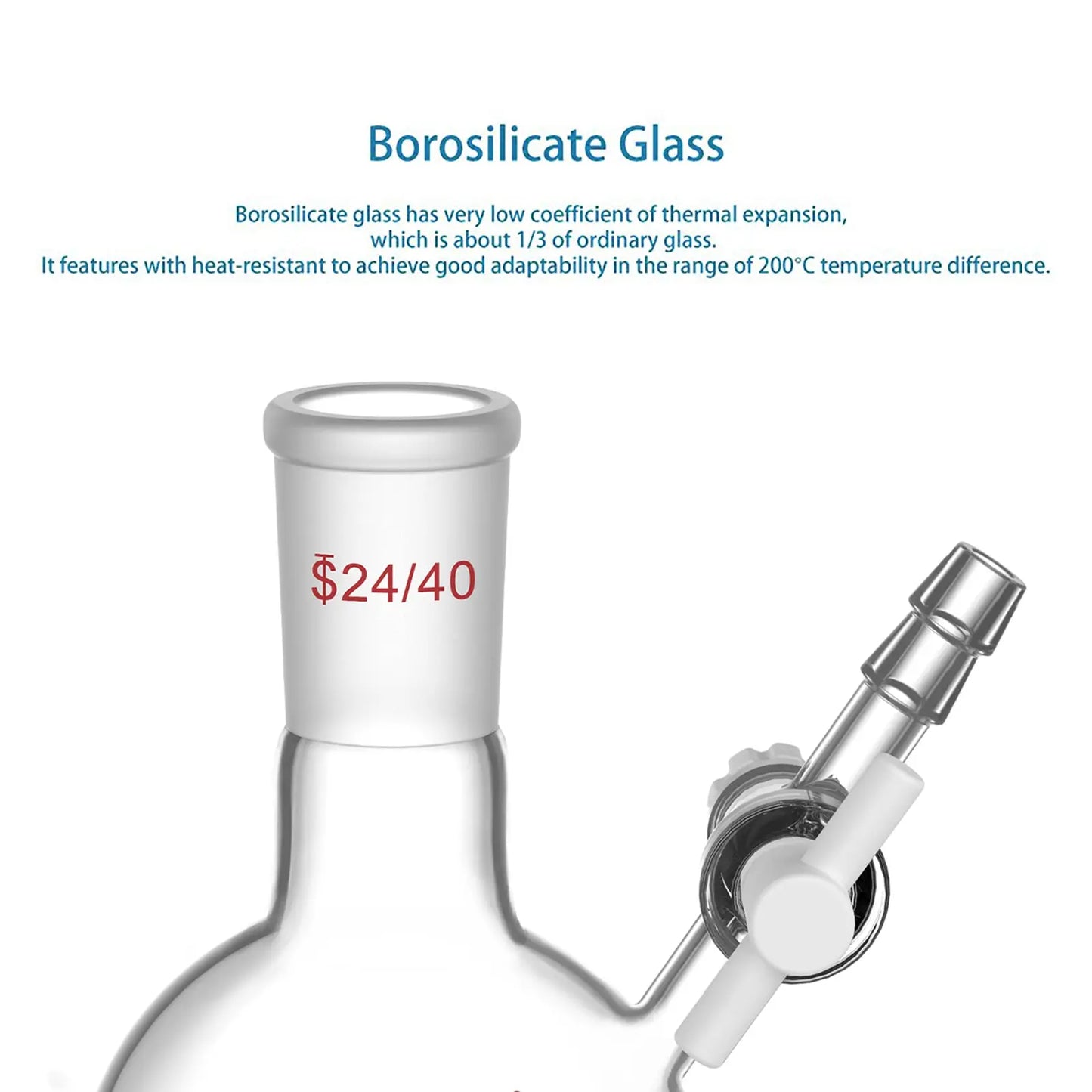 Round Bottom Reaction Flask, 24/40 Joint, PTFE Stopcock Valve, 50-1000ml Flasks-Round Bottom-1 Neck