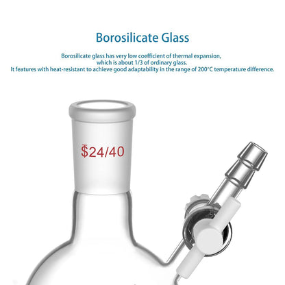 Round Bottom Reaction Flask, 24/40 Joint, PTFE Stopcock Valve, 50-1000ml Flasks-Round Bottom-1 Neck