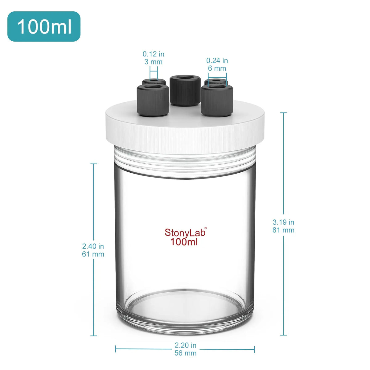 Side view and dimensional layout of the durable StonyLab Sealed Electrolytic Cell [50-500 ml]