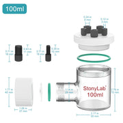 Side view and dimensional layout of the durable StonyLab Sealed Electrolytic Cell with Quartz Side Window [50-100 ml]