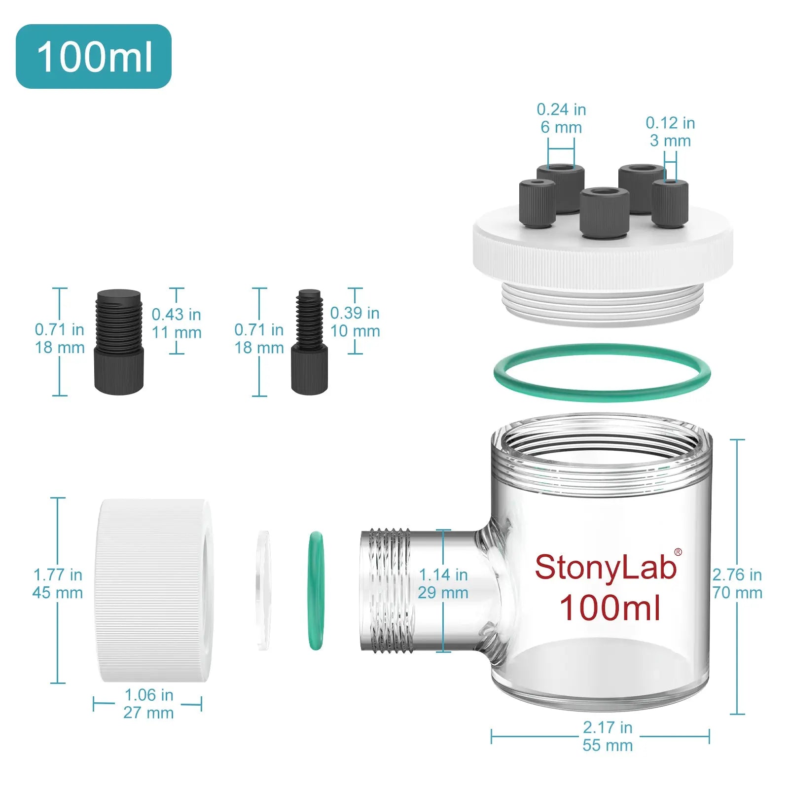 Side view and dimensional layout of the durable StonyLab Sealed Electrolytic Cell with Quartz Side Window [50-100 ml]