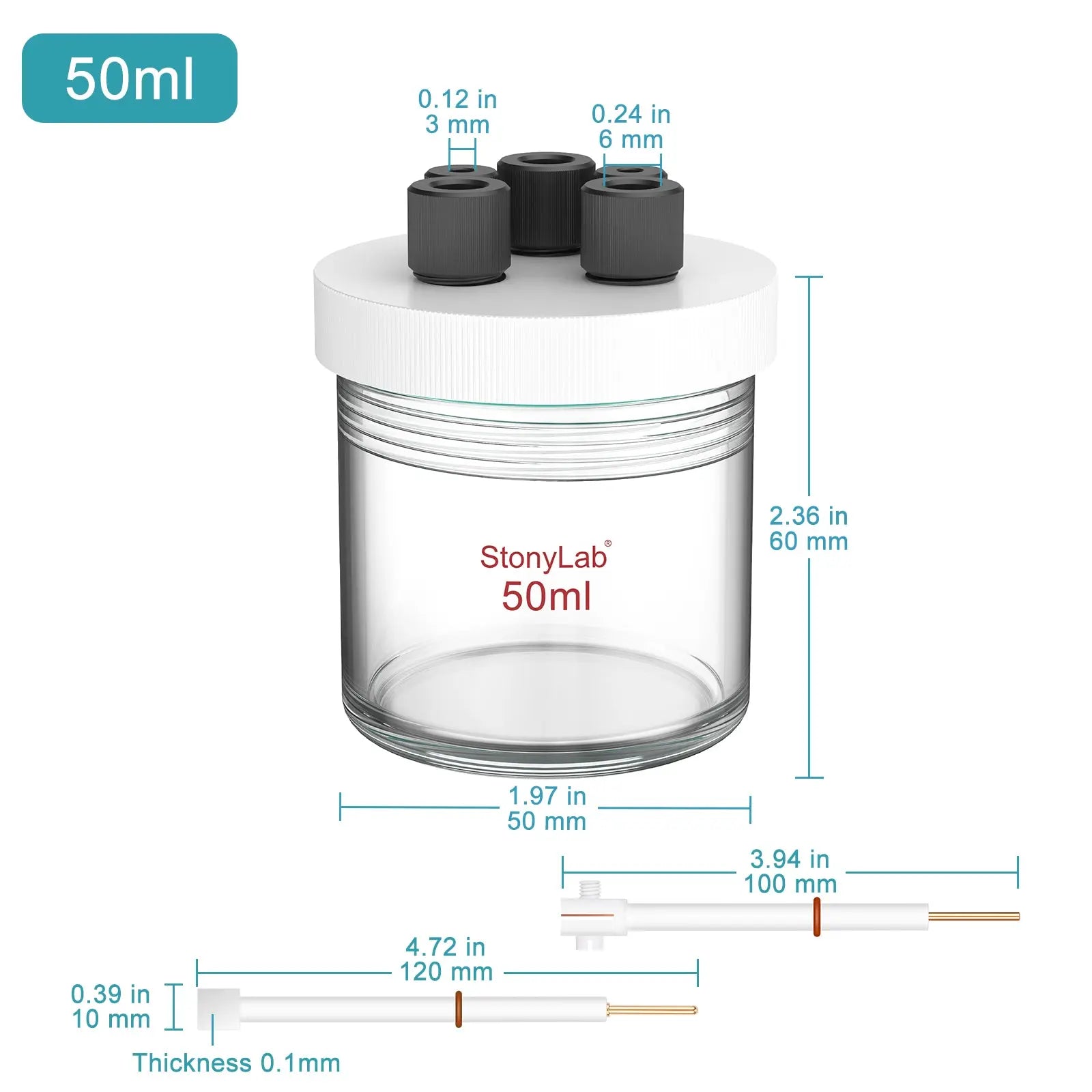 Close-up view showing the precise design and material of StonyLab Sealed Electrolytic Cell with Two Electrodes [50-100 ml]
