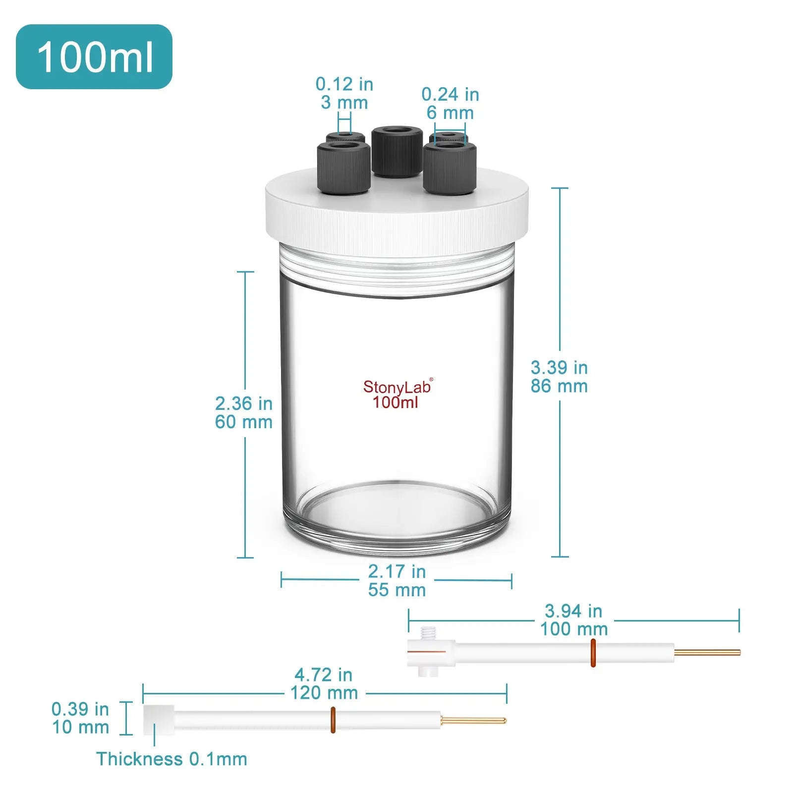 Side view and dimensional layout of the durable StonyLab Sealed Electrolytic Cell with Two Electrodes [50-100 ml]