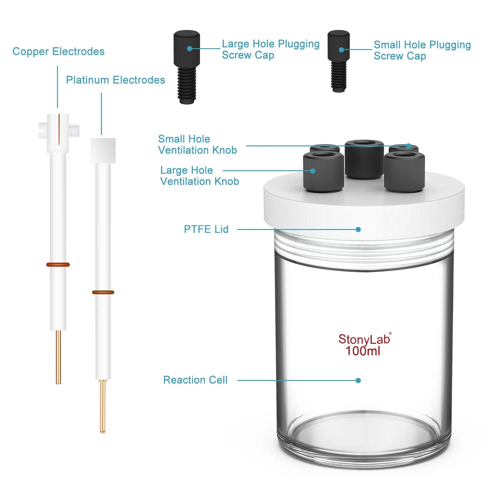 StonyLab Sealed Electrolytic Cell with Two Electrodes [50-100 ml] heavy duty chemical processing configuration