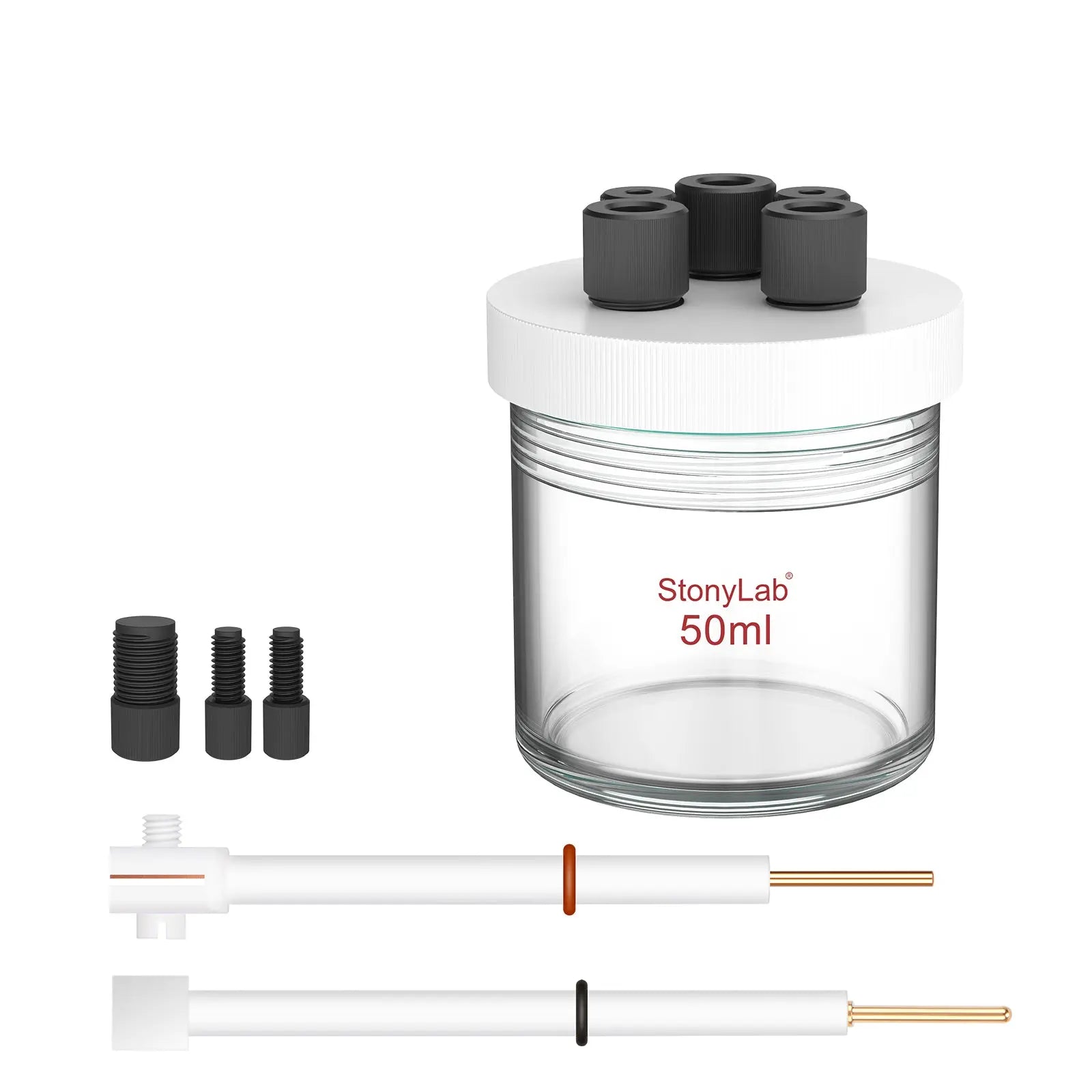 Comprehensive product view and setup components for StonyLab Sealed Electrolytic Cell with Two Electrodes [50-100 ml]
