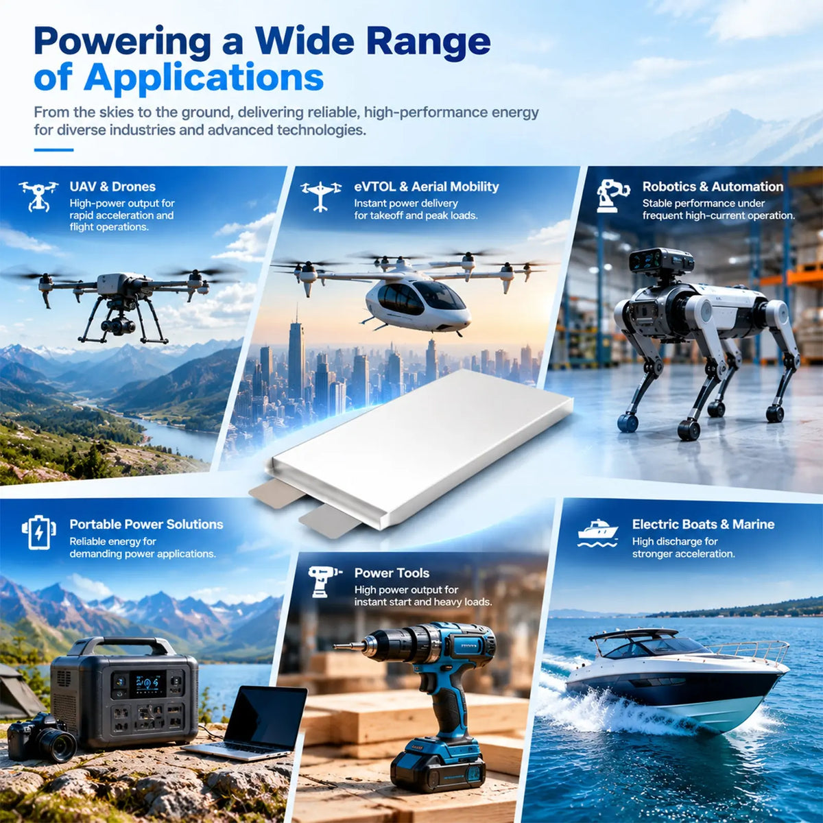 Semi-solid-state pouch battery cells, 420–450 Wh/kg energy density, 2C continuous and 4C peak discharge, 16–80 Ah options StonyLab