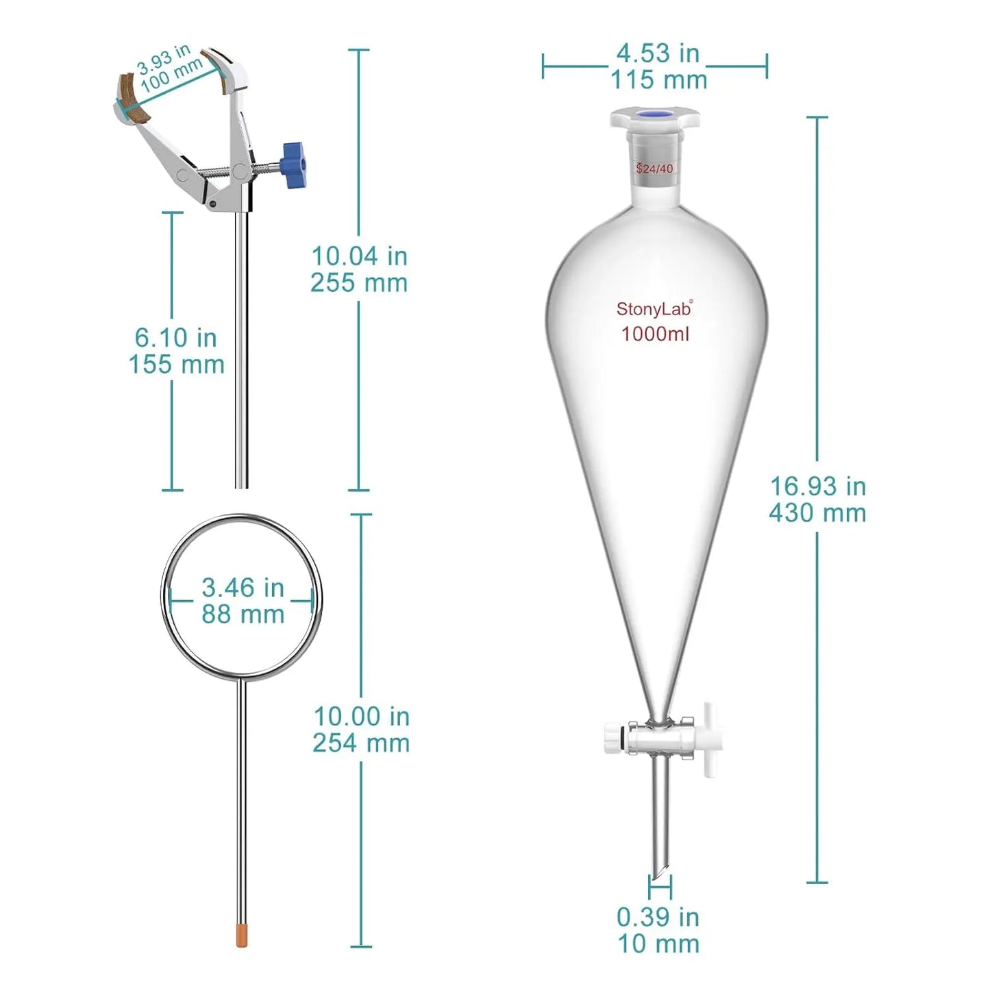 Laboratory separatory funnel stand set 1000 ml borosilicate glass sep funnel with PTFE stopcock for liquid-liquid extraction and chemical separation StonyLab