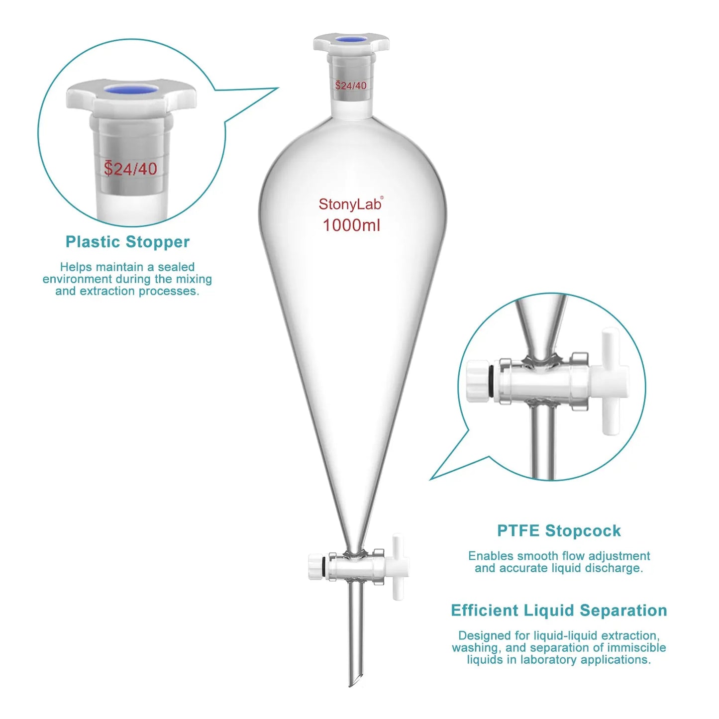 Laboratory separatory funnel stand set 1000 ml borosilicate glass sep funnel with PTFE stopcock for liquid-liquid extraction and chemical separation StonyLab