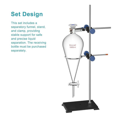 Laboratory separatory funnel stand set 1000 ml borosilicate glass sep funnel with PTFE stopcock for liquid-liquid extraction and chemical separation StonyLab