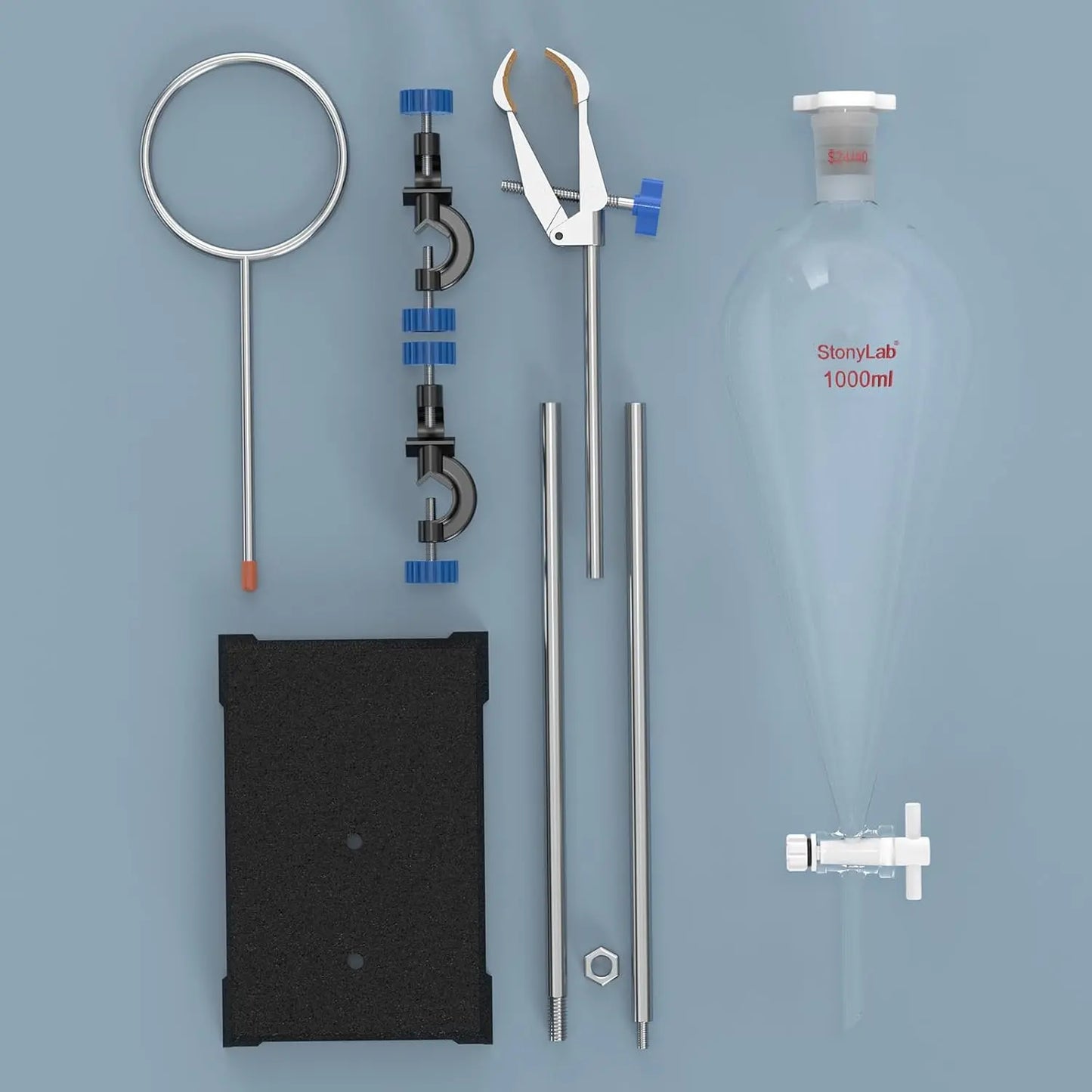 Laboratory separatory funnel stand set 1000 ml borosilicate glass sep funnel with PTFE stopcock for liquid-liquid extraction and chemical separation StonyLab