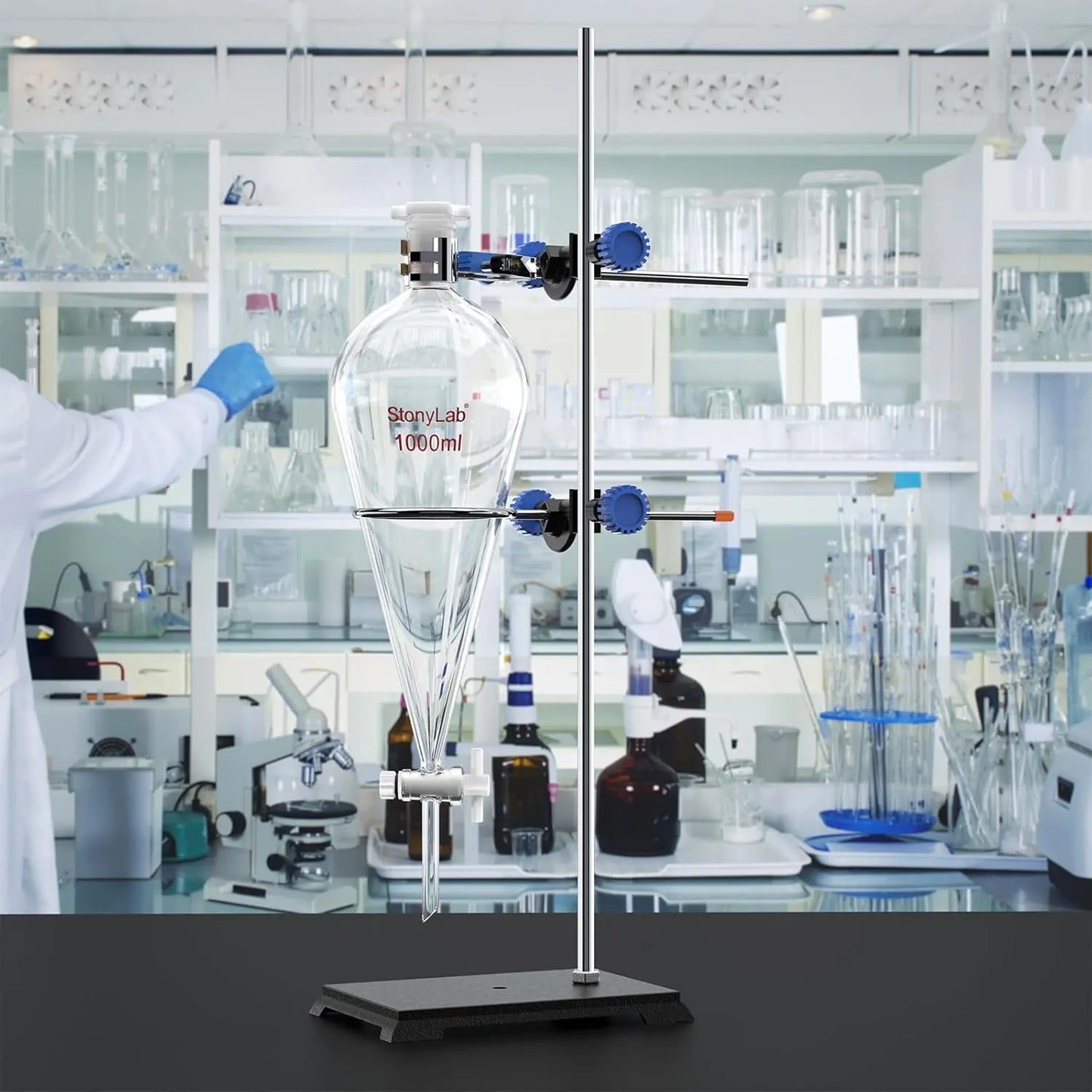 Laboratory separatory funnel stand set 1000 ml borosilicate glass sep funnel with PTFE stopcock for liquid-liquid extraction and chemical separation StonyLab