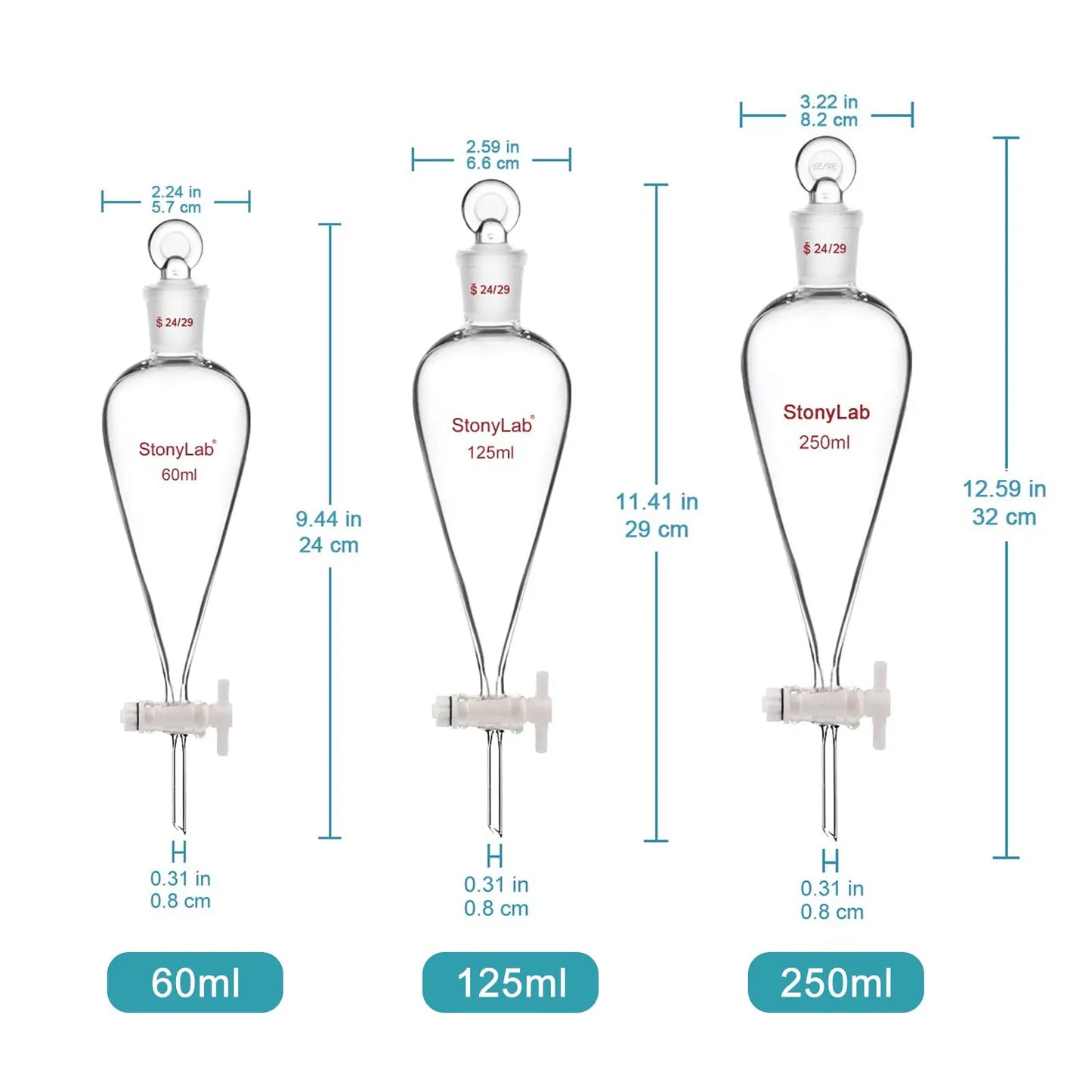 Separatory Funnel with 24/29 Joint, Glass Stopper and PTFE Stopcock, 60-2000 ml Funnels-Separatory