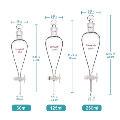 Separatory Funnel with 24/29 Joint, Glass Stopper and PTFE Stopcock, 60-2000 ml Funnels-Separatory