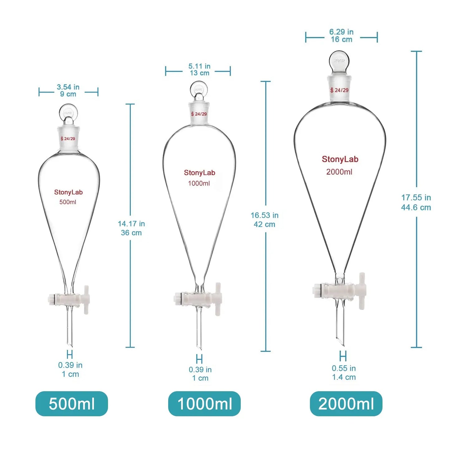 Separatory Funnel with 24/29 Joint, Glass Stopper and PTFE Stopcock, 60-2000 ml Funnels-Separatory