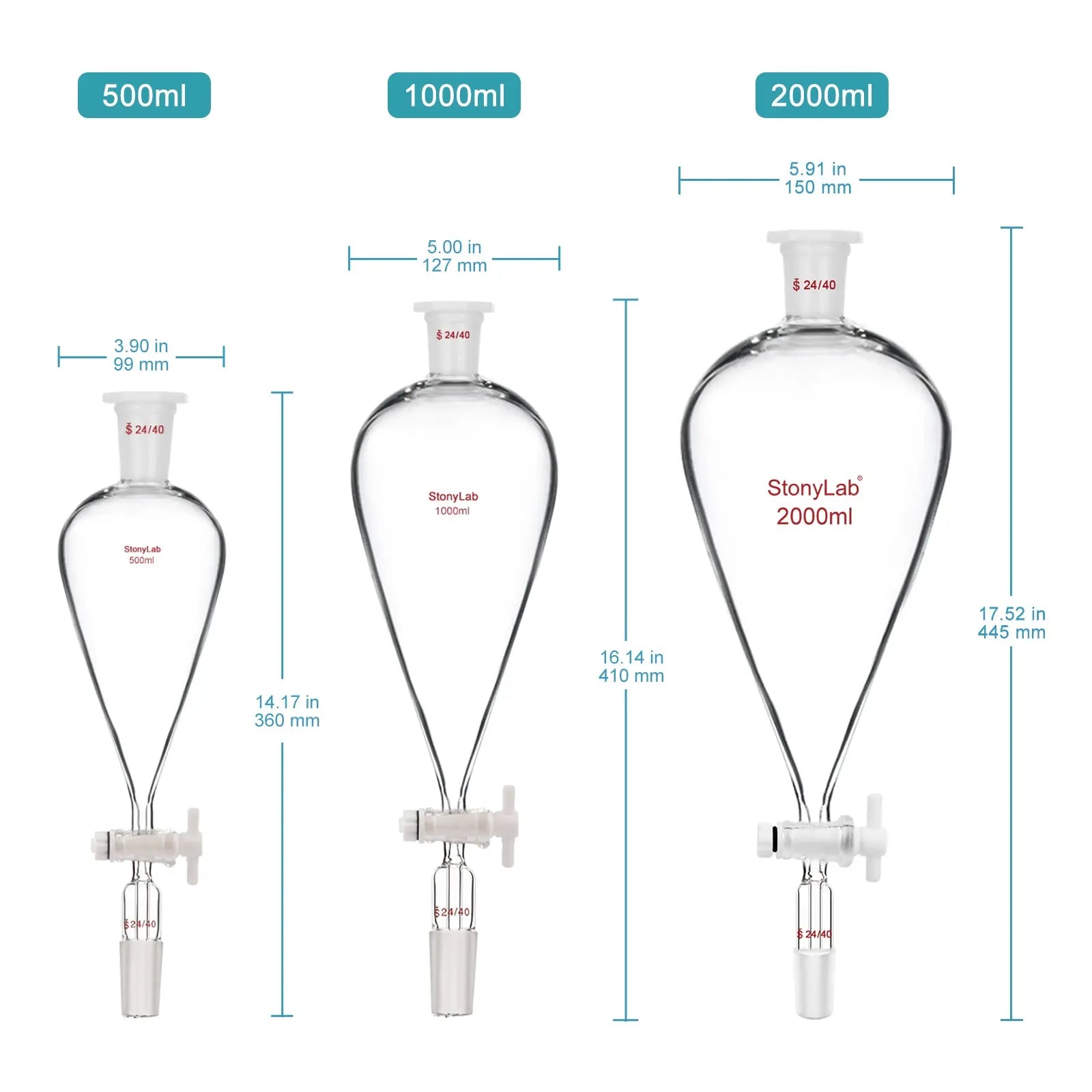 Side view and dimensional layout of the durable StonyLab Separatory Funnel with PTFE Stopcock