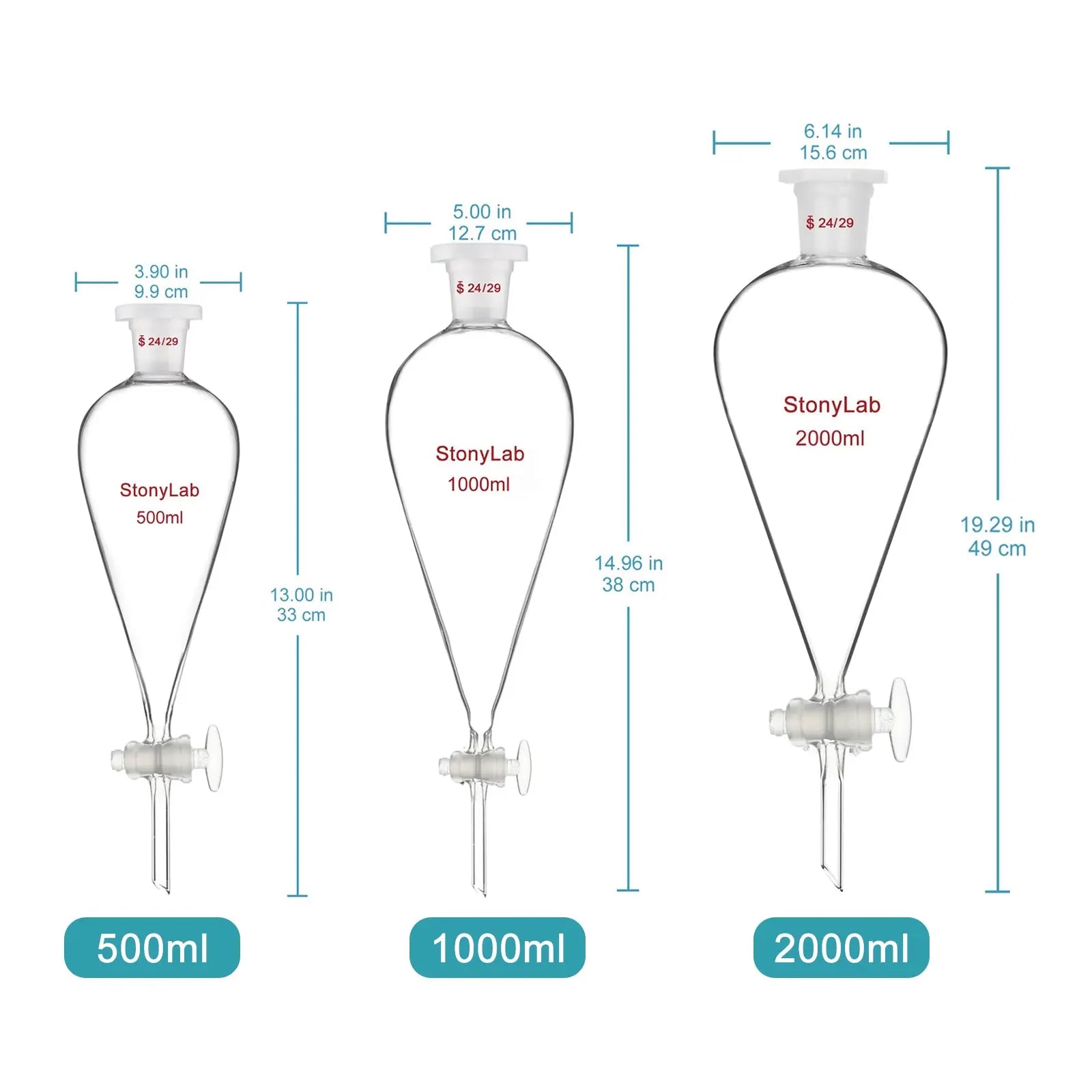 Side view and dimensional layout of the durable StonyLab Separatory Funnel