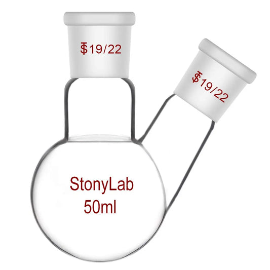 2 Neck Round Bottom Flask, 19/22 Center/Side Joint, 50-500 ml - StonyLab Flasks - Round Bottom 50-ml