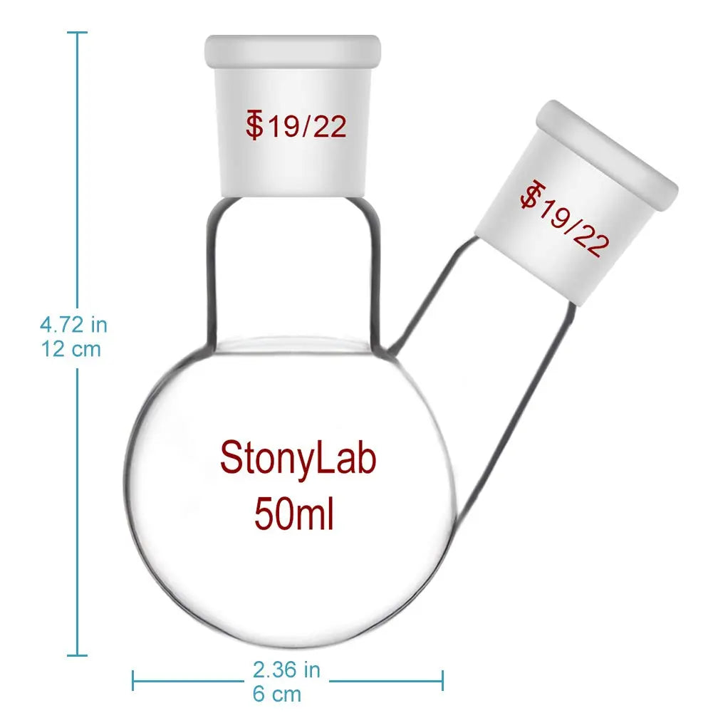 2 Neck Round Bottom Flask, 19/22 Center/Side Joint, 50-500 ml - StonyLab Flasks - Round Bottom 