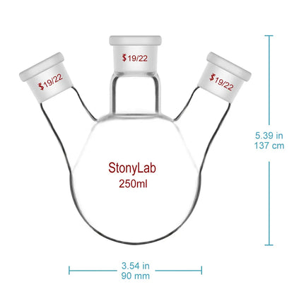 3 Neck Round Bottom Flask, 19/22 Center/Side Joint, 50-5000 ml - StonyLab Flasks - Round Bottom 250-ml