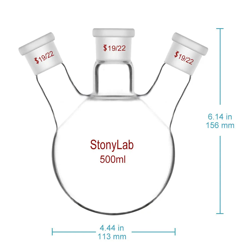 3 Neck Round Bottom Flask, 19/22 Center/Side Joint, 50-5000 ml - StonyLab Flasks - Round Bottom 500-ml