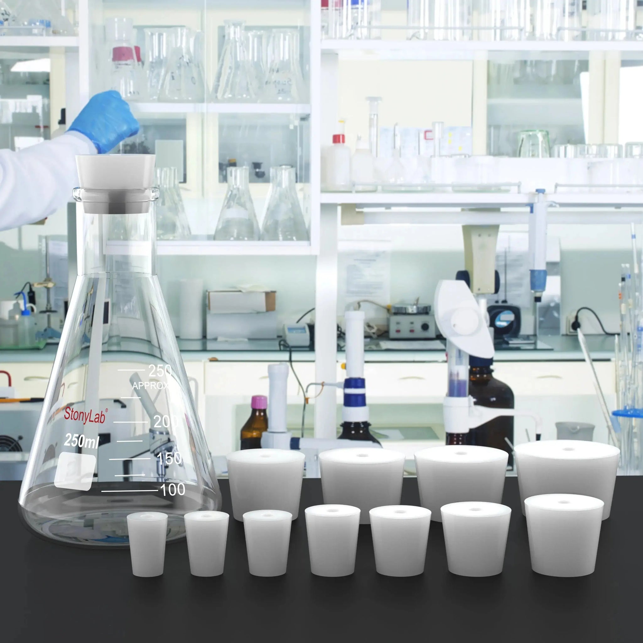 Comprehensive product view and setup components for StonyLab Silicone Stopper Single-Hole Feedthrough for Tubing & Probes