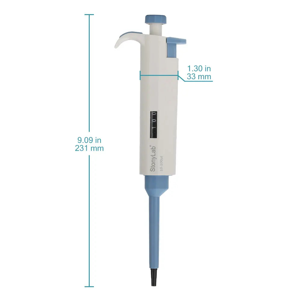 Close-up view showing the precise design and material of StonyLab Single Channel Adjustable Volume Pipette with Ejector