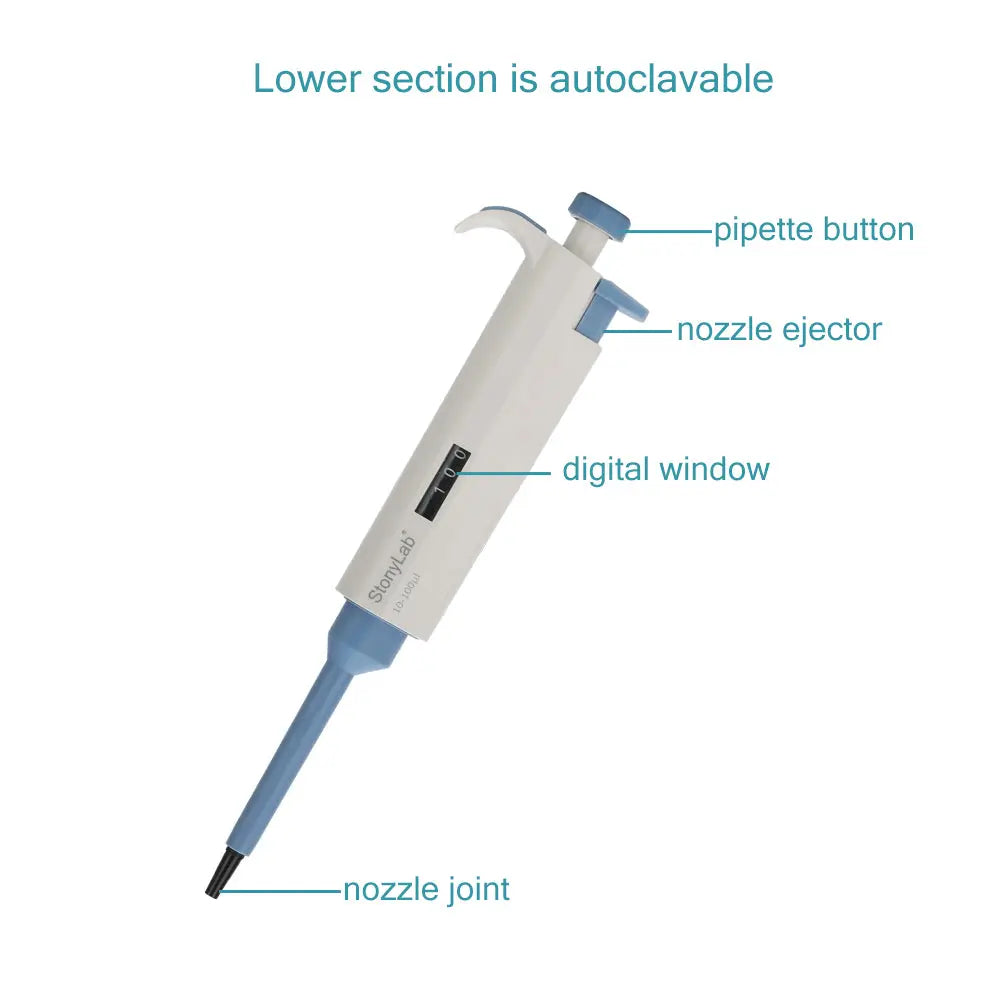 Side view and dimensional layout of the durable StonyLab Single Channel Adjustable Volume Pipette with Ejector