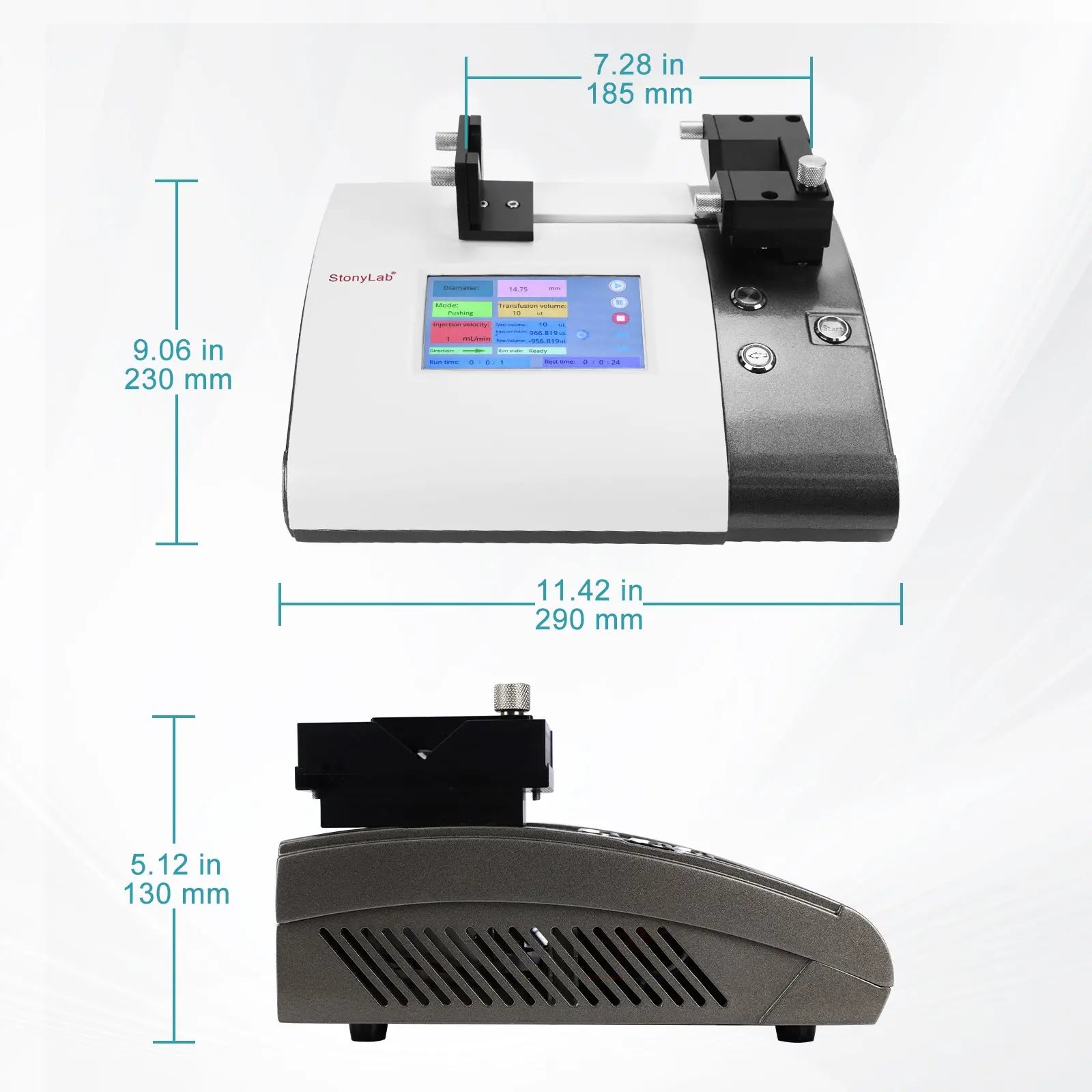 Close-up view showing the precise design and material of StonyLab Single-Channel Syringe Pump for 5 ul - 150 ml Syringes