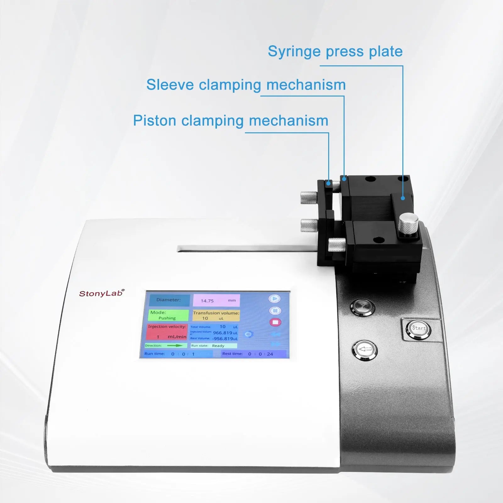 Control panel and digital status display setup of StonyLab Single-Channel Syringe Pump for 5 ul - 150 ml Syringes