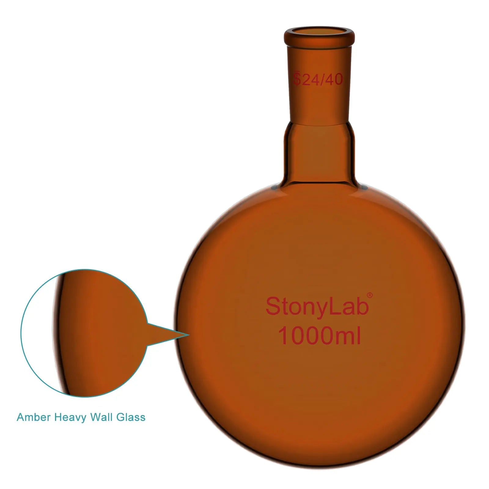 StonyLab Single Neck Amber Round Bottom Flask with 24 heavy duty chemical processing configuration