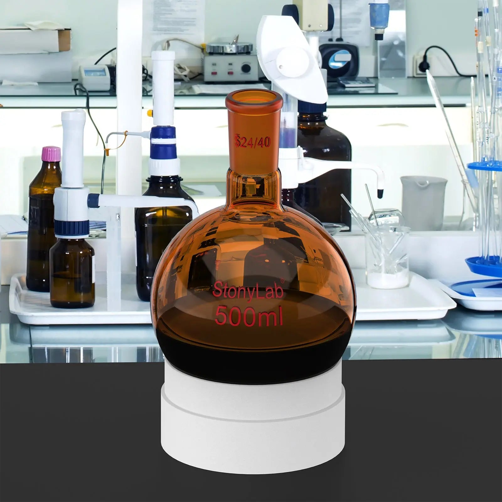 Detailed structural assembly component for StonyLab Single Neck Amber Round Bottom Flask with 24
