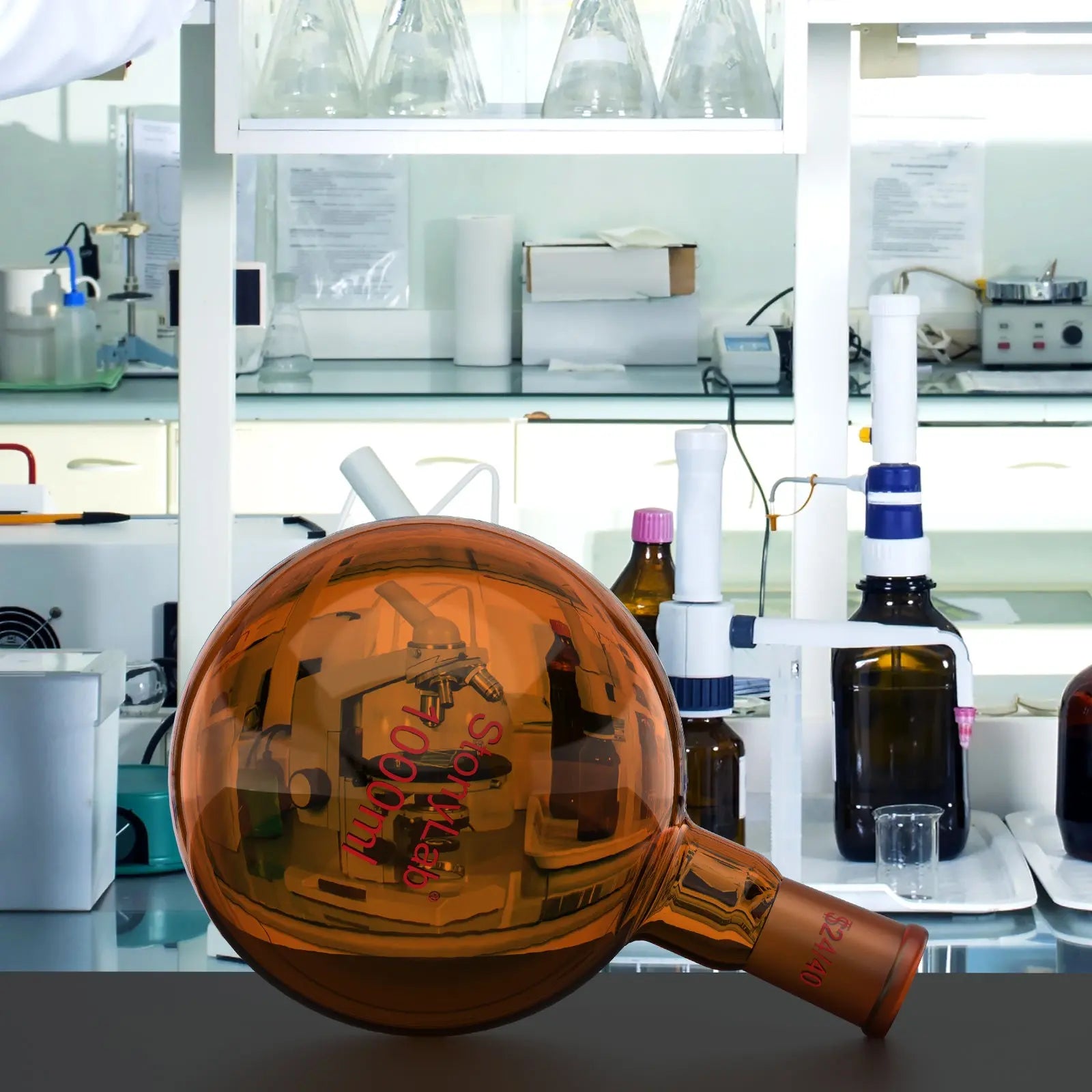 Alternative angle showing underlying build quality of StonyLab Single Neck Amber Round Bottom Flask with 24
