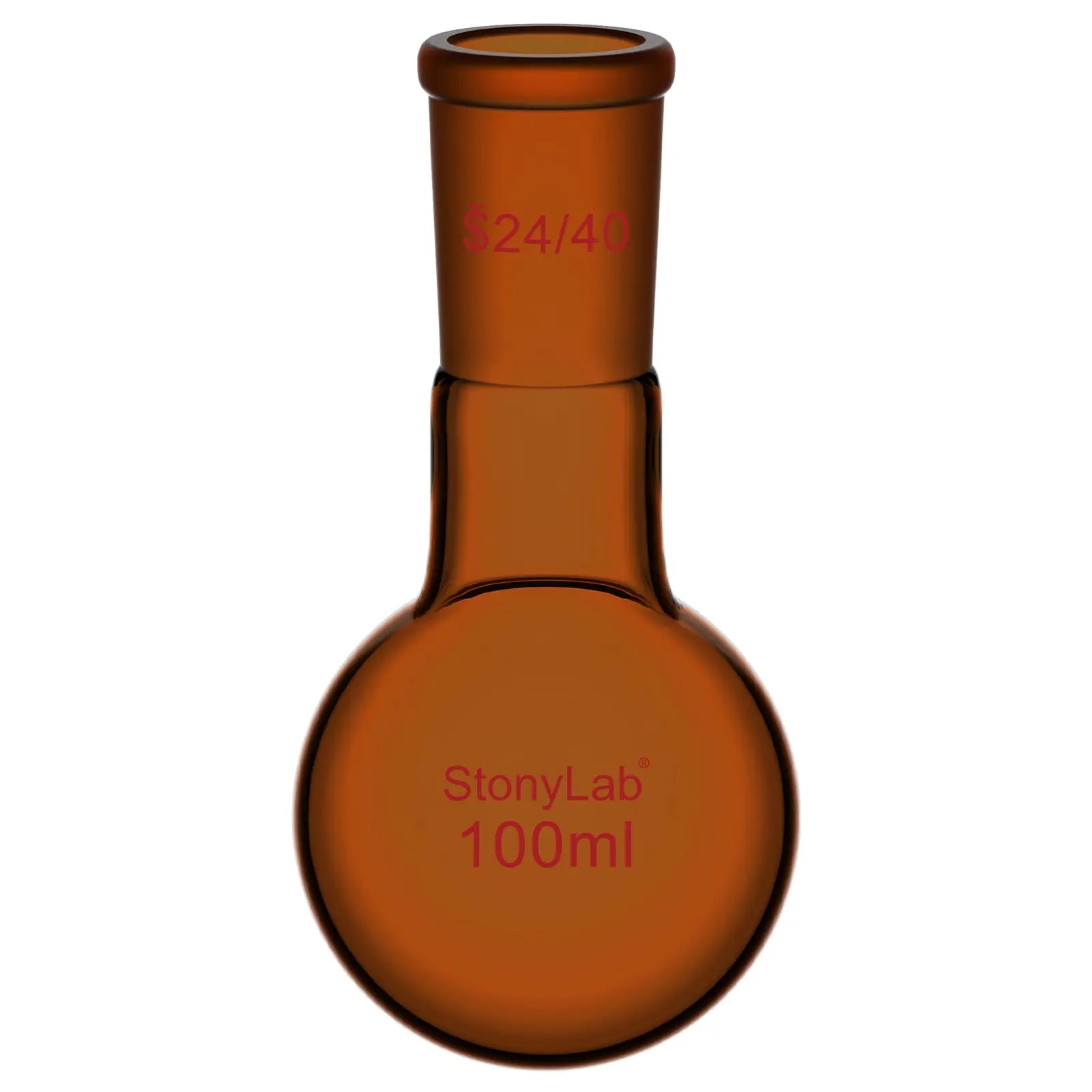 Comprehensive product view and setup components for StonyLab Single Neck Amber Round Bottom Flask with 24