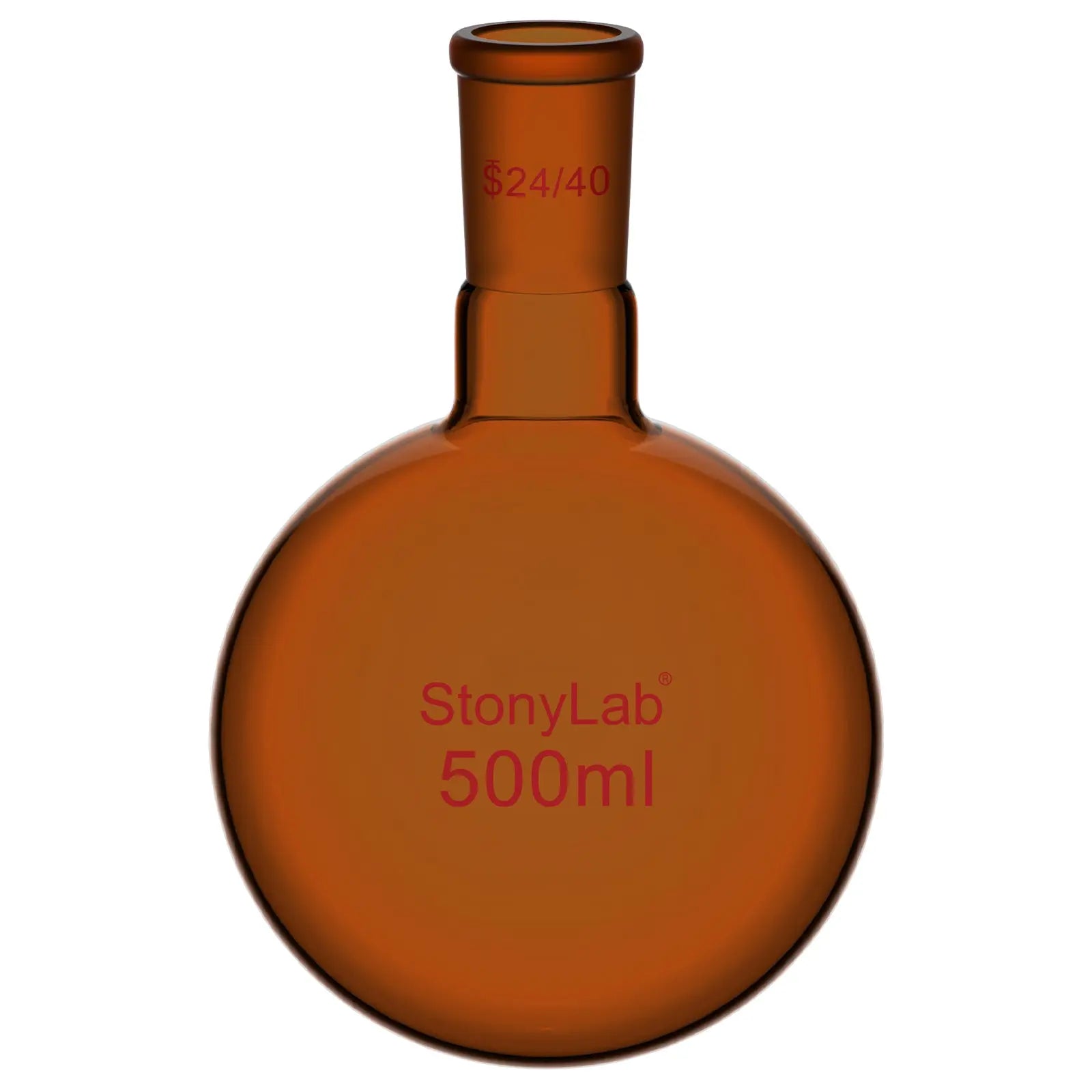Comprehensive product view and setup components for StonyLab Single Neck Amber Round Bottom Flask with 24