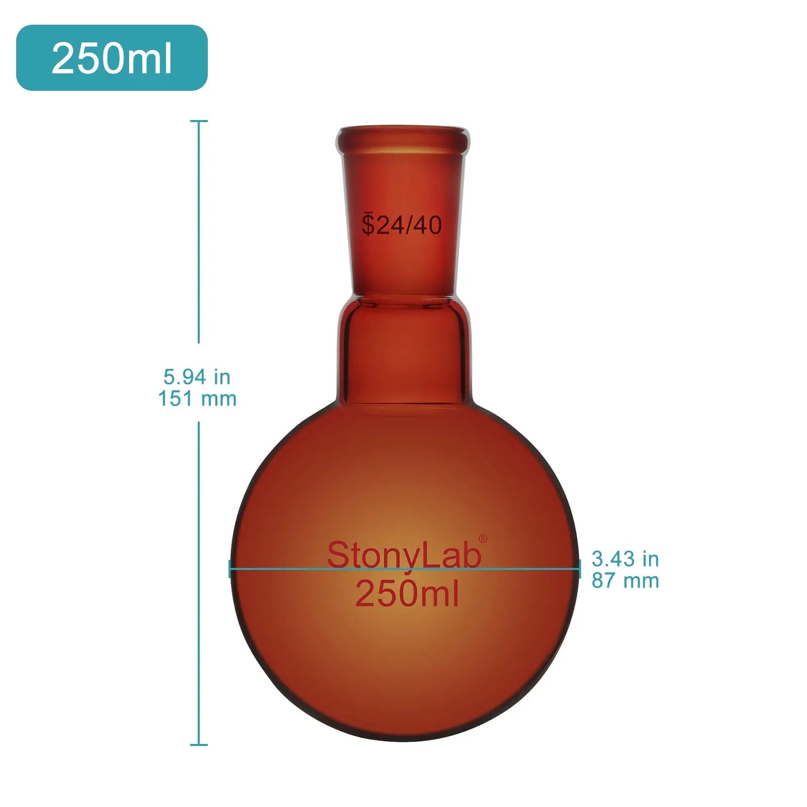 Single Neck Amber Round Bottom Flask with 24/40 Standard Taper Outer Joint, 100-1000 ml Flasks-Round Bottom