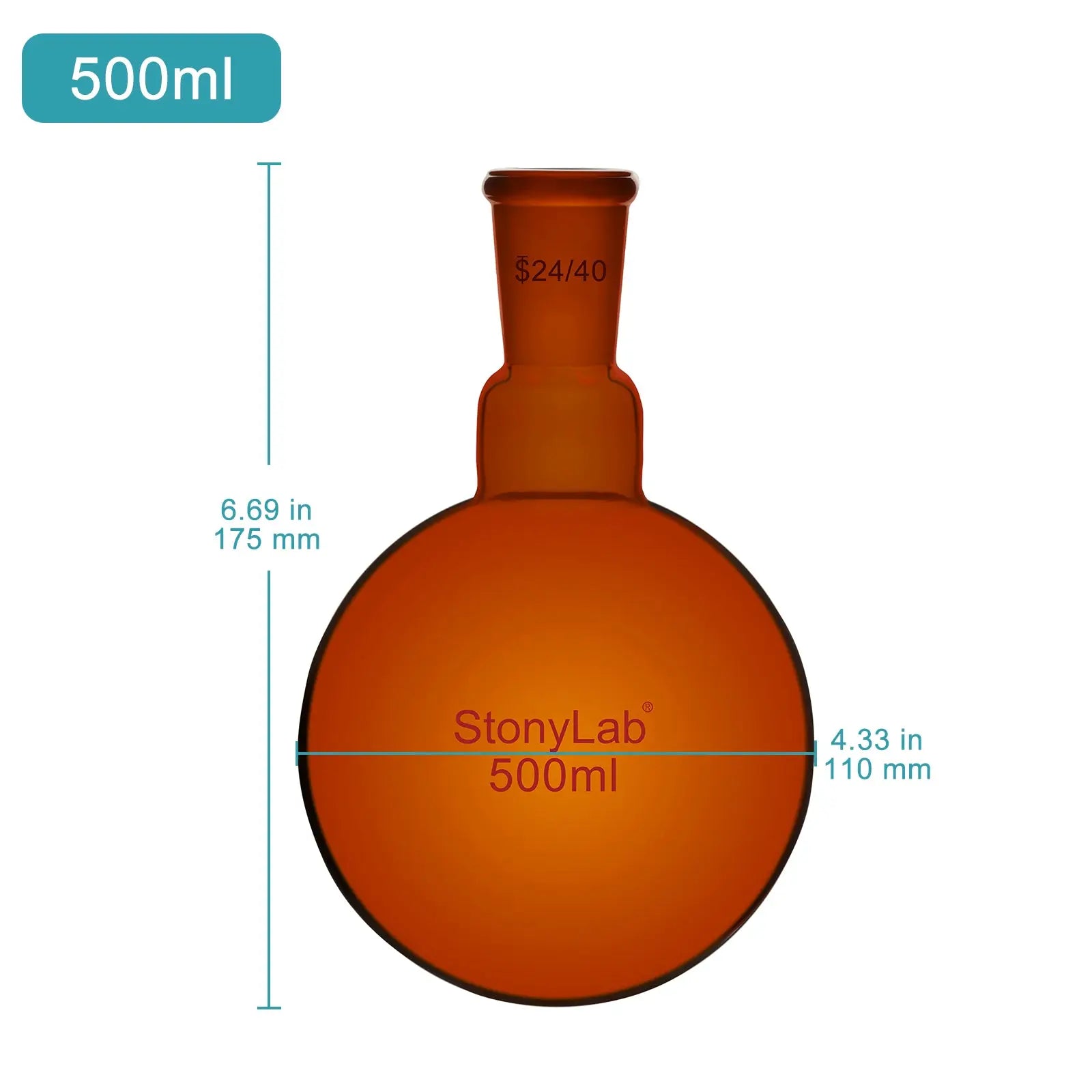 Single Neck Amber Round Bottom Flask with 24/40 Standard Taper Outer Joint, 100-1000 ml Flasks-Round Bottom