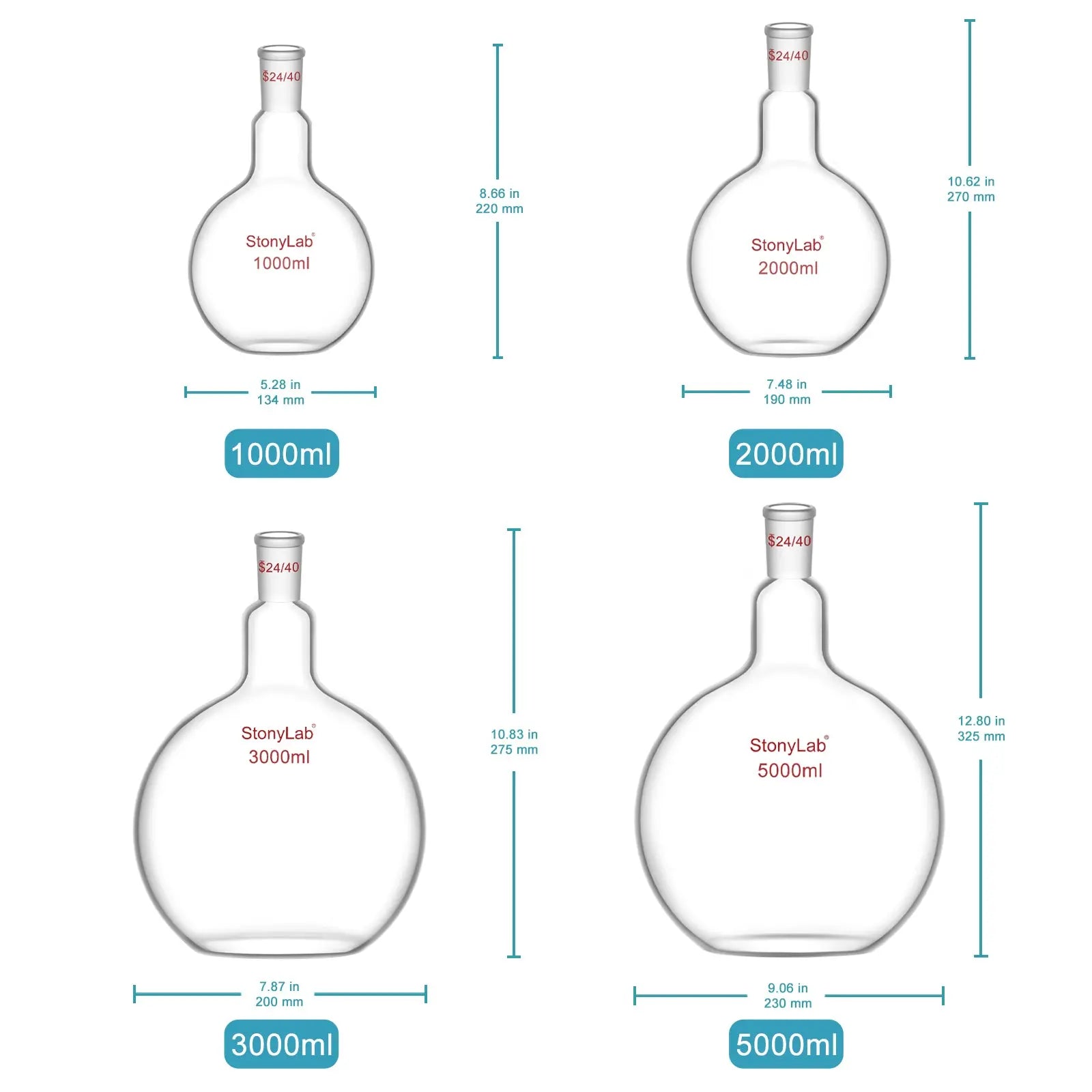 Side view and dimensional layout of the durable StonyLab Single Neck Flat Bottom Flask