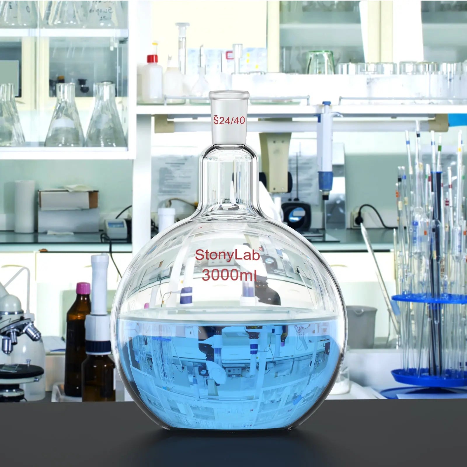 Alternative angle showing underlying build quality of StonyLab Single Neck Flat Bottom Flask